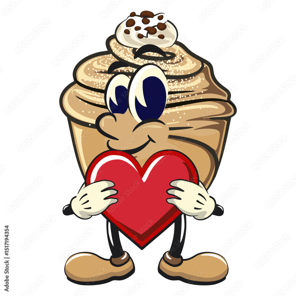 Obraz premium Cute cruffin cartoon mascot vector hold the heart with love, funny dessert character illustration isolated, work of hand drawn