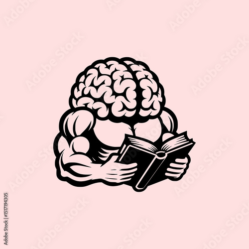 Strong Brain Reading Book Vector Illustration with Muscular Body Sitting on Bench in Fun Educational Concept on Pink Background