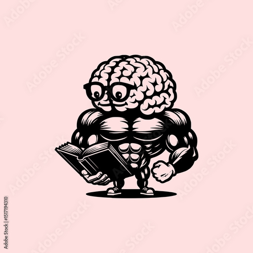Strong Brain Reading Book Vector Illustration with Muscular Body Sitting on Bench in Fun Educational Concept on Pink Background