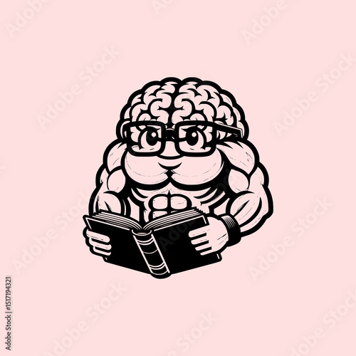 Strong Brain Reading Book Vector Illustration with Muscular Body Sitting on Bench in Fun Educational Concept on Pink Background