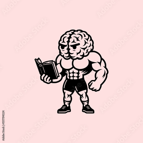 Strong Brain Reading Book Vector Illustration with Muscular Body Sitting on Bench in Fun Educational Concept on Pink Background