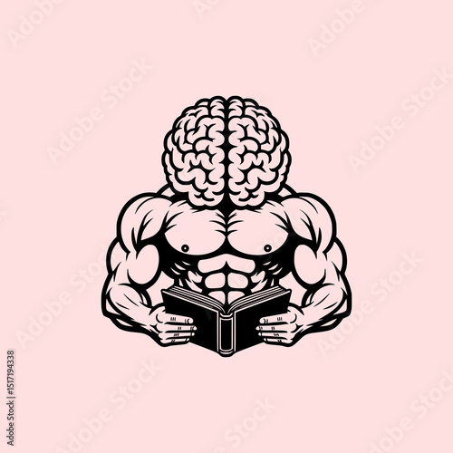 Strong Brain Reading Book Vector Illustration with Muscular Body Sitting on Bench in Fun Educational Concept on Pink Background