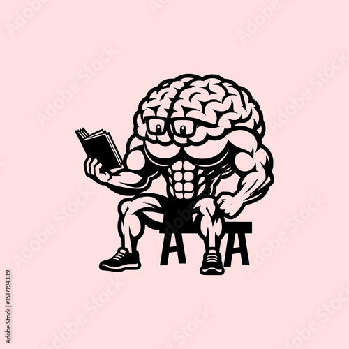 Strong Brain Reading Book Vector Illustration with Muscular Body Sitting on Bench in Fun Educational Concept on Pink Background
