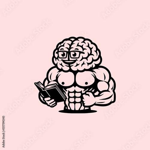 Strong Brain Reading Book Vector Illustration with Muscular Body Sitting on Bench in Fun Educational Concept on Pink Background