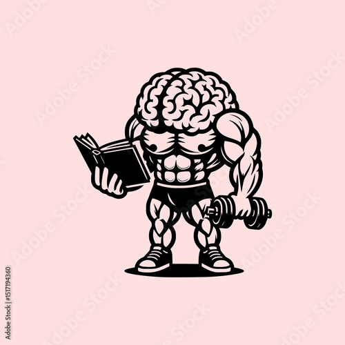 Strong Brain Reading Book Vector Illustration with Muscular Body Sitting on Bench in Fun Educational Concept on Pink Background