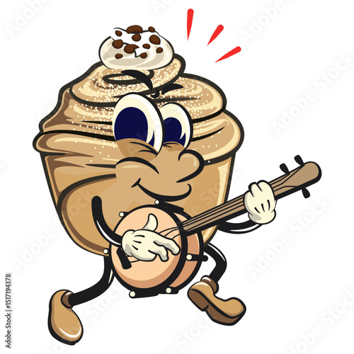 Cute cruffin cartoon mascot vector playing the banjo musical instrument, funny dessert character illustration isolated, work of hand drawn