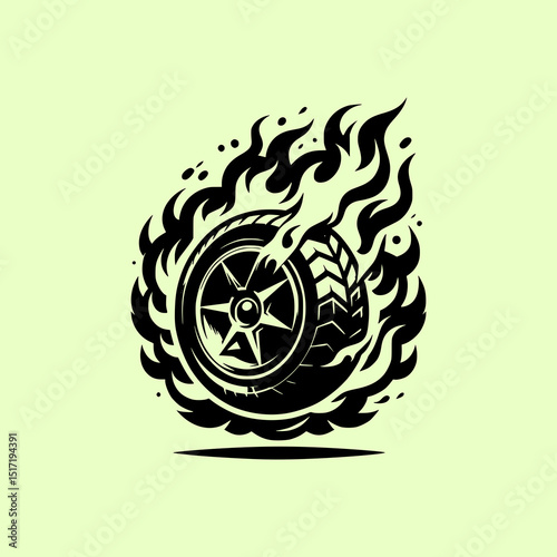 mascot Burning Car Tire Vector Illustration with Flames in Bold Black Line Art on Green Background for Racing and Motorsport Themes