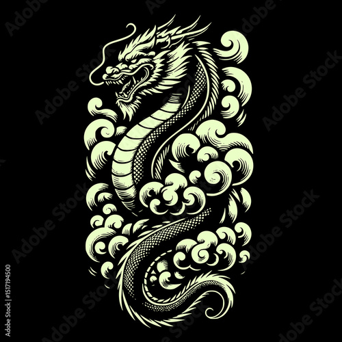 Asian Dragon Vector Illustration with Clouds in Traditional Japanese Tattoo Style on Green Background with Bold Line Art
