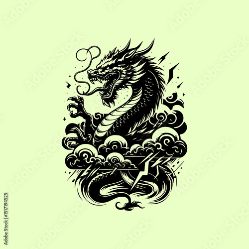 Asian Dragon Vector Illustration with Clouds in Traditional Japanese Tattoo Style on Green Background with Bold Line Art