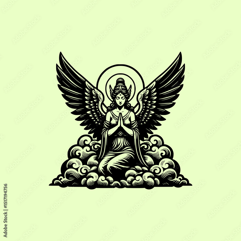 Obraz premium Praying Angel Vector Illustration with Wings and Halo Sitting Among Clouds in Vintage Engraving Style on Green Background