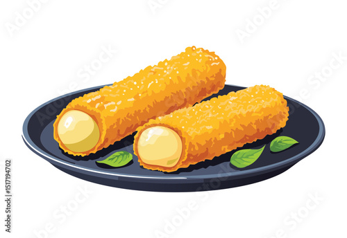 Crispy Fried Cheese Sticks on Dark Plate - Vector Illustration
