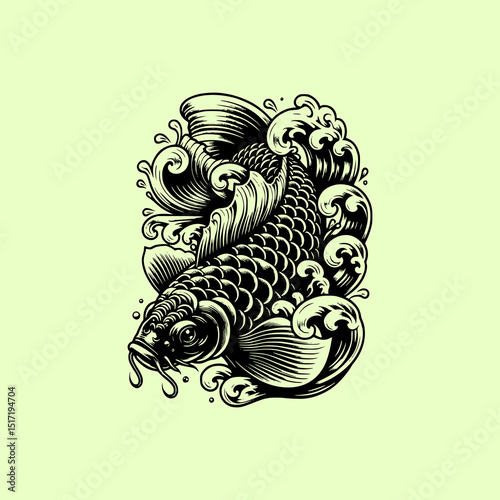 Koi Fish Swimming in Ocean Waves Vector Illustration in Traditional Japanese Tattoo Style on Green Background