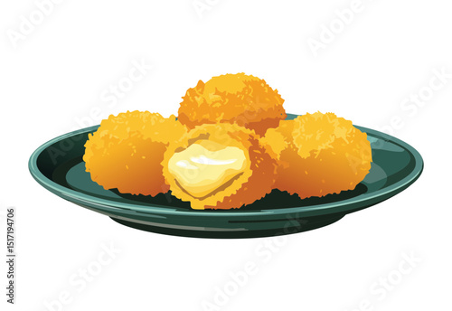 Crispy Golden Cheese Bites on Black Plate - Vector Illustration