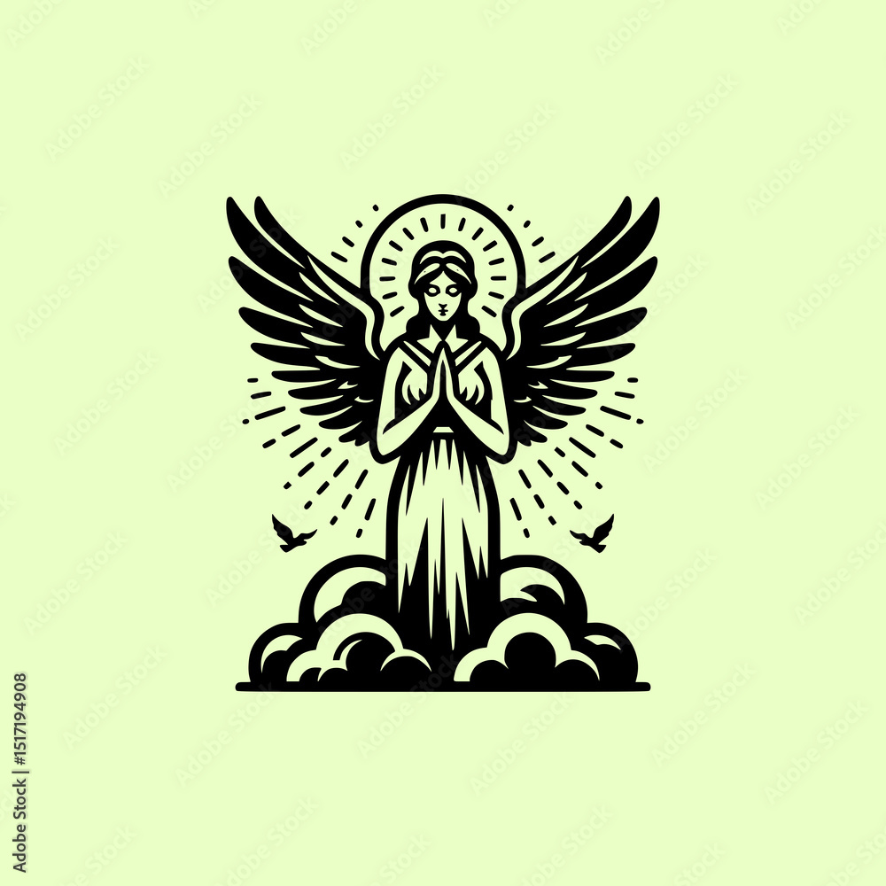 Fototapeta premium Praying Angel Vector Illustration with Wings and Halo Sitting Among Clouds in Vintage Engraving Style on Green Background