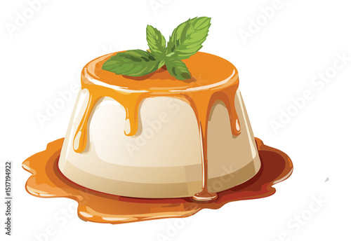  Caramel Pudding with Fresh Mint Leaf - Vector Illustration