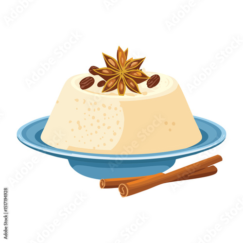 Creamy Dessert on Blue Plate with Spices - Vector Illustration