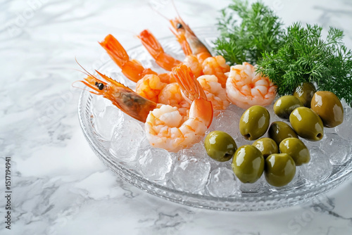 Glass platter with ice, shrimp and olives on a marble background - a charming display of cold seafood photo