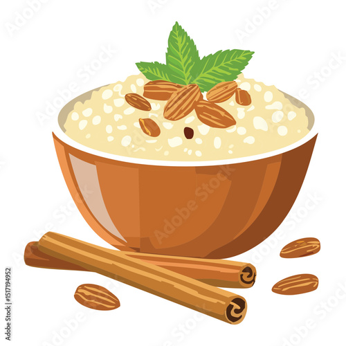 Creamy Rice Pudding with Cinnamon Stick - Vector Illustration