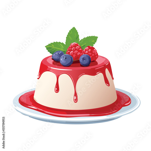 Panna Cotta with Fresh Berry Garnish - Vector Illustration