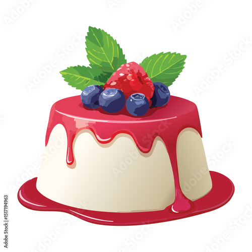 Panna Cotta with Red Berries - Vector Illustration