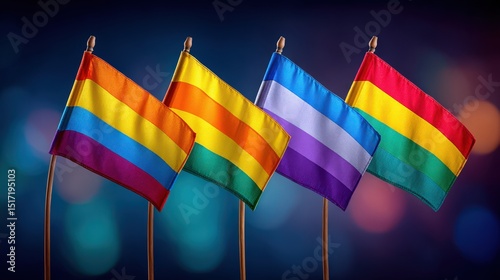 Vibrant collection of diverse LGBTQ flags symbolizing pride and unity, artfully arranged against a dynamic bokeh background emphasizing inclusivity and celebration of diversity