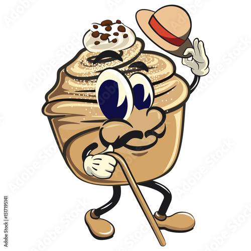 Cute cruffin cartoon mascot vector carrying a stick and saluting with raised hat, funny dessert character illustration isolated, work of hand drawn