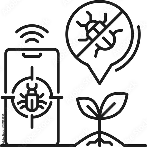 Smart farm icon, agriculture robot technology for pest control, vector line symbol. Smart farm icon of pest control for farmer harvest plants, agronomy and agrarian farming with digital automation