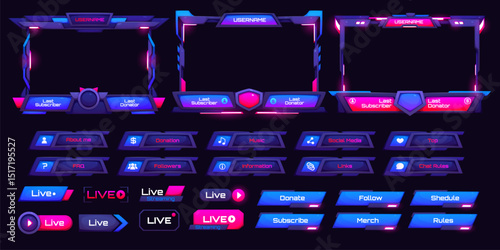 Overlay neon game interface. Screen panel and frames gui asset. Vector set of futuristic, glowing interface panels for streamers, include live, donation, subscribe and chat buttons in blue and pink