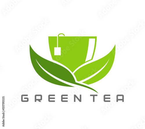 Green herbal tea icon featuring tea cup with green leaves and teabag tag. Vector emblem for classic hot beverage ads, product packaging or brand identity, promoting freshness, health and natural drink