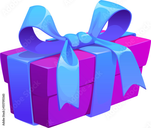 Cartoon Christmas and birthday holiday gift box. Xmas, New year celebration purple giftbox decorated with blue ribbon bow. Christmas holiday, birthday or shopping sale isolated vector gift box