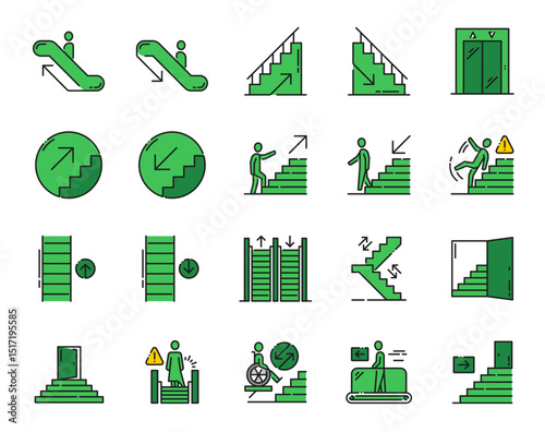 Stairs, escalator and elevator emergency exit color line icons. Evacuation emergency exit and direction outline vector icons. Elevator for disabled, escalator and slippery stairs green pictograms