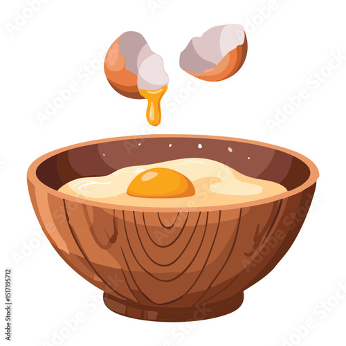 Cracking Egg into Wooden Mixing Bowl - Vector Illustration