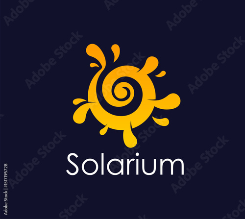 Solarium tan icon of summer beach sun for tanning salon or SPA resort, vector emblem. Solarium icon of spiral sun with yellow rays shine splashes for skincare cosmetics brand or tanning cream