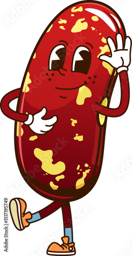 Cartoon funny groovy kidney bean legume character with funny face, vector emoji. Groovy red bean or kidney legume seed with happy smile and Hello Hi gesture for food funky cute cartoon character