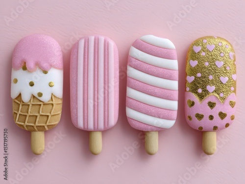 Delightful assortment of pink-themed sweet ice cream treats showcased on pastel backdrop featuring glitzy designs, playful textures, and a fun, whimsical presentation that evokes joy and