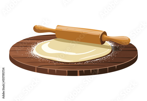 Floured Dough with Rolling Pin Baking - Vector Illustration