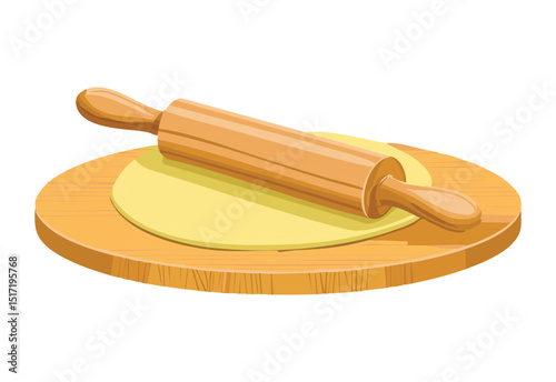 Dough with Rolling Pin on Yellow Board - Vector Illustration