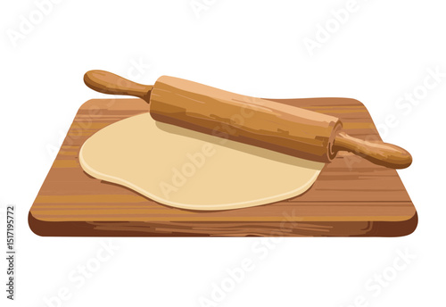 Preparing Dough with Rolling Pin on Board - Vector Illustration