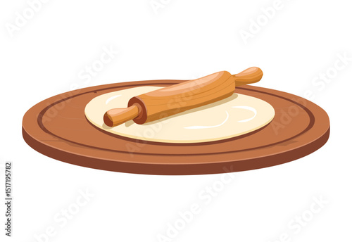Fresh Dough with Rolling Pin Rustic - Vector Illustration