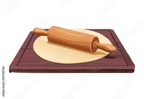 Yellow Dough with Rolling Pin on Wooden Board - Vector Illustration