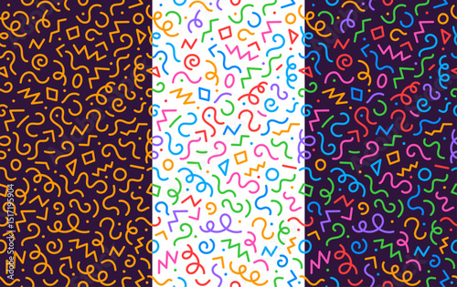 Squiggle kids line pattern of color shapes and abstract doodle scribbles, vector seamless background. Squiggle line pattern with colorful scribble swirls, wavy confetti and color dots on background
