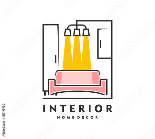 Home interior icon, contemporary emblem with a sofa beneath modern pendant lights and furniture elements. Vector modern living room label with stylish pink couch and yellow lamp beams in linear style