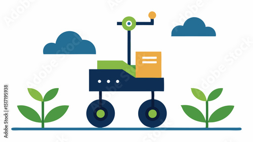 Agricultural Robot A small wheeled agricultural robot roaming a field using onboard cameras and software to analyze soil conditions and plant health showcasing its independence