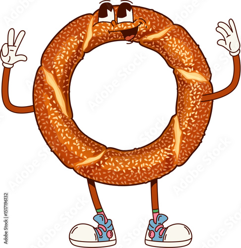 Fast food groovy Turkish simit character. Turkish cuisine cafe, bakery bread cute funky personage. Istanbul traditional round simit pastry with sesame seeds happy groovy vector character sticker