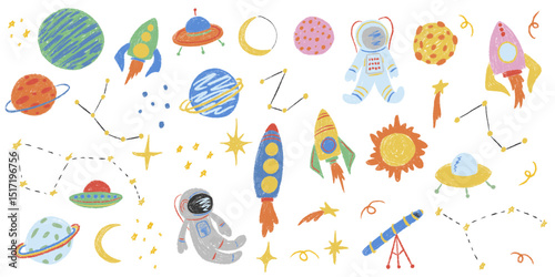 Kids chalk drawings galaxy big set. Collection freehand child baby hand drawn scribble elements. Textured planet, stars, astronaut, rocket, telescope, alien UFO spaceship. Vector illustration isolated