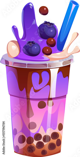 Cartoon milk bubble tea glass or boba drink cup with berries, vector milkshake. Milk bubble tea or dessert beverage with boba pearls and drinking straw in splash of blueberry and cranberry berries