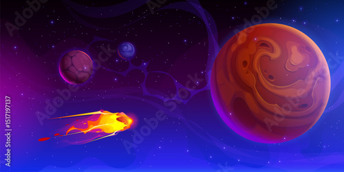 Alien space planets and flying comet or meteor with fire flames trails at universe galaxy landscape vector background. Cartoon alien space sky with planets, stars and meteor shower of flying comet