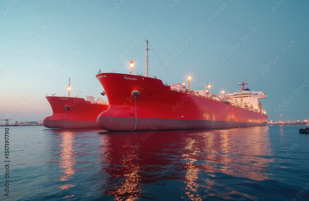 Two red LNG Arctic Princess tankers in sea. Gas terminal unloading quay. Modern eco-friendly fuel transport. Maritime business, energy industrial infrastructure. Sea transport logistics, import Two red LNG Arctic Princess tankers in sea. Gas terminal unloading quay. Modern eco-friendly fuel transport. Maritime business, energy industrial infrastructure. Sea transport logistics, import