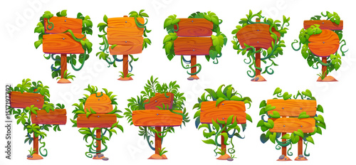 Cartoon wooden sign boards decorated tropical jungle leaves and lianas. Isolated vector timber banners on poles with nails and hanging vines. Cartoon game menu panels with rainforest creeper plants