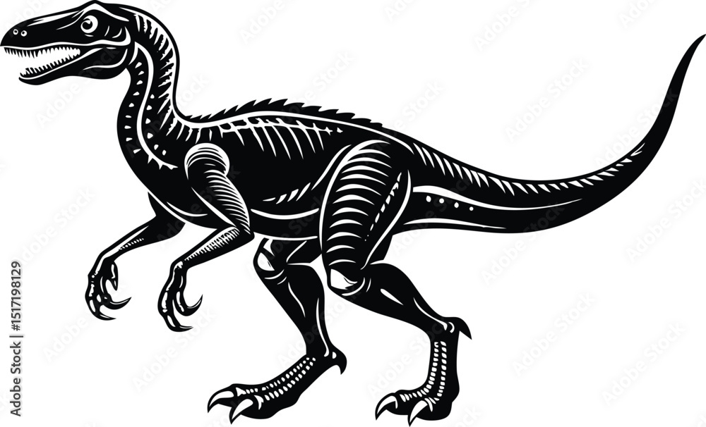 Fototapeta premium Black and White Dinosaur Silhouette, Prehistoric Raptor Vector Art Illustration